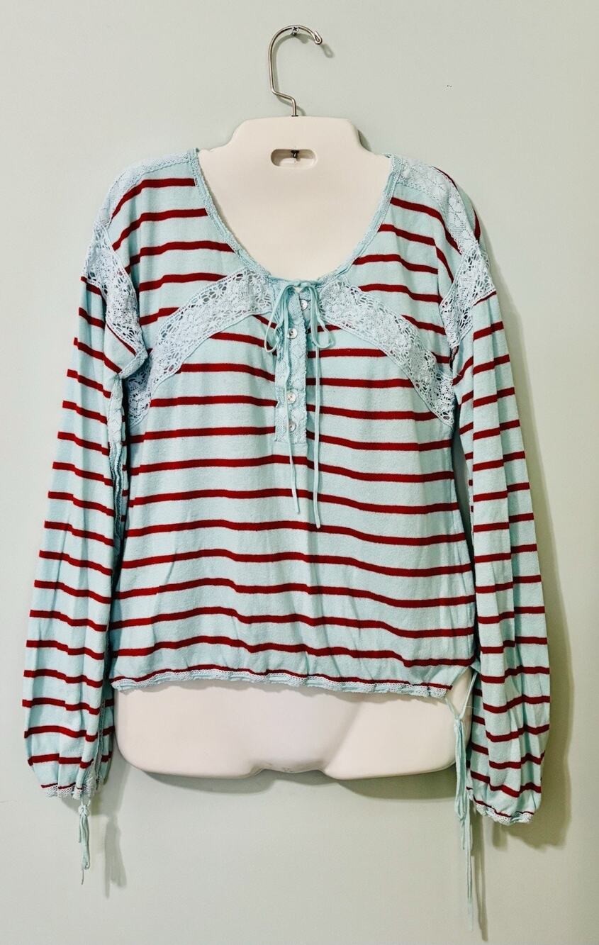 Free People henley long sleeve striped top sz XS Boho Oversized Slouchy Lace